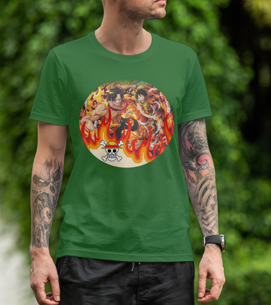 One Piece Luffy And Ace Fire Battle With Jolly Roger Hat T-Shirt