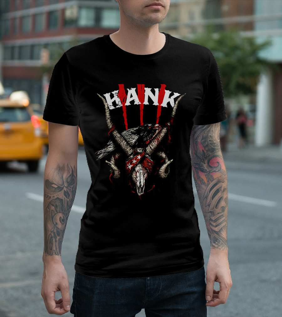 Hank III Bird Skull and Goat Horns Red Stripes T-Shirt
