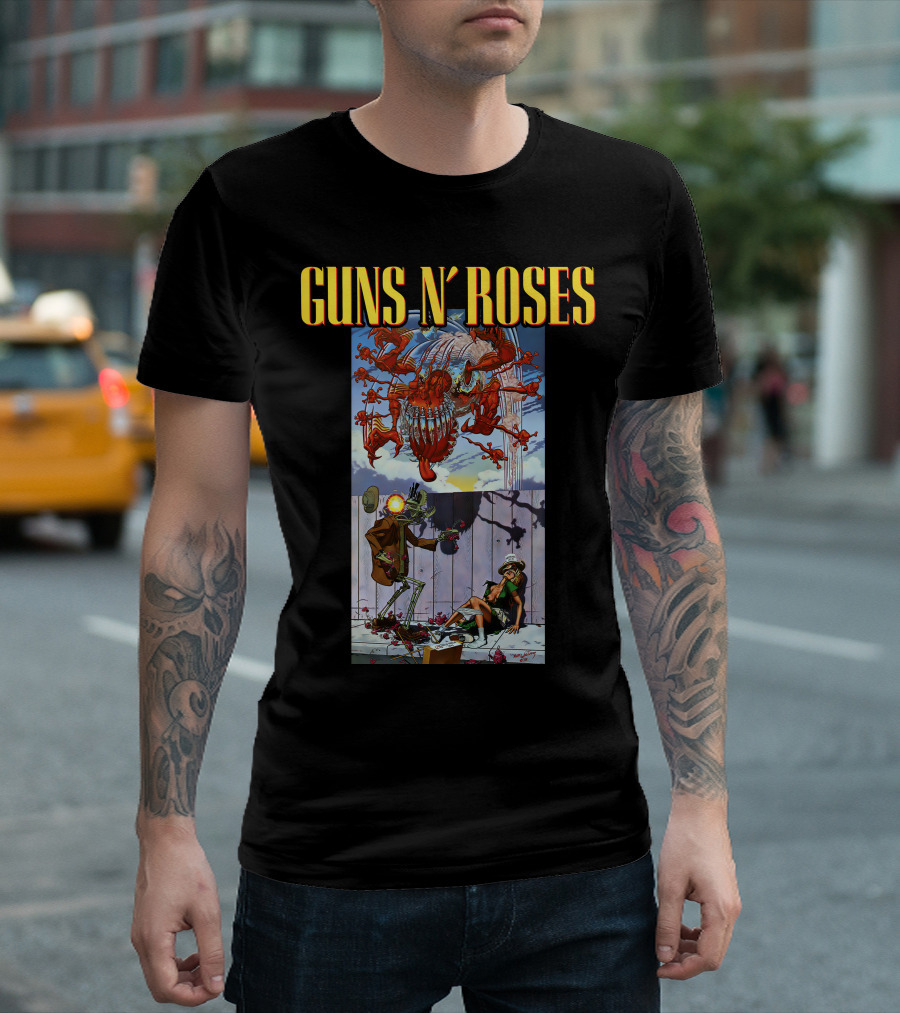 Guns N' Roses Illustrative Scene Featuring Intricate Characters and Dynamic Elements T-Shirt