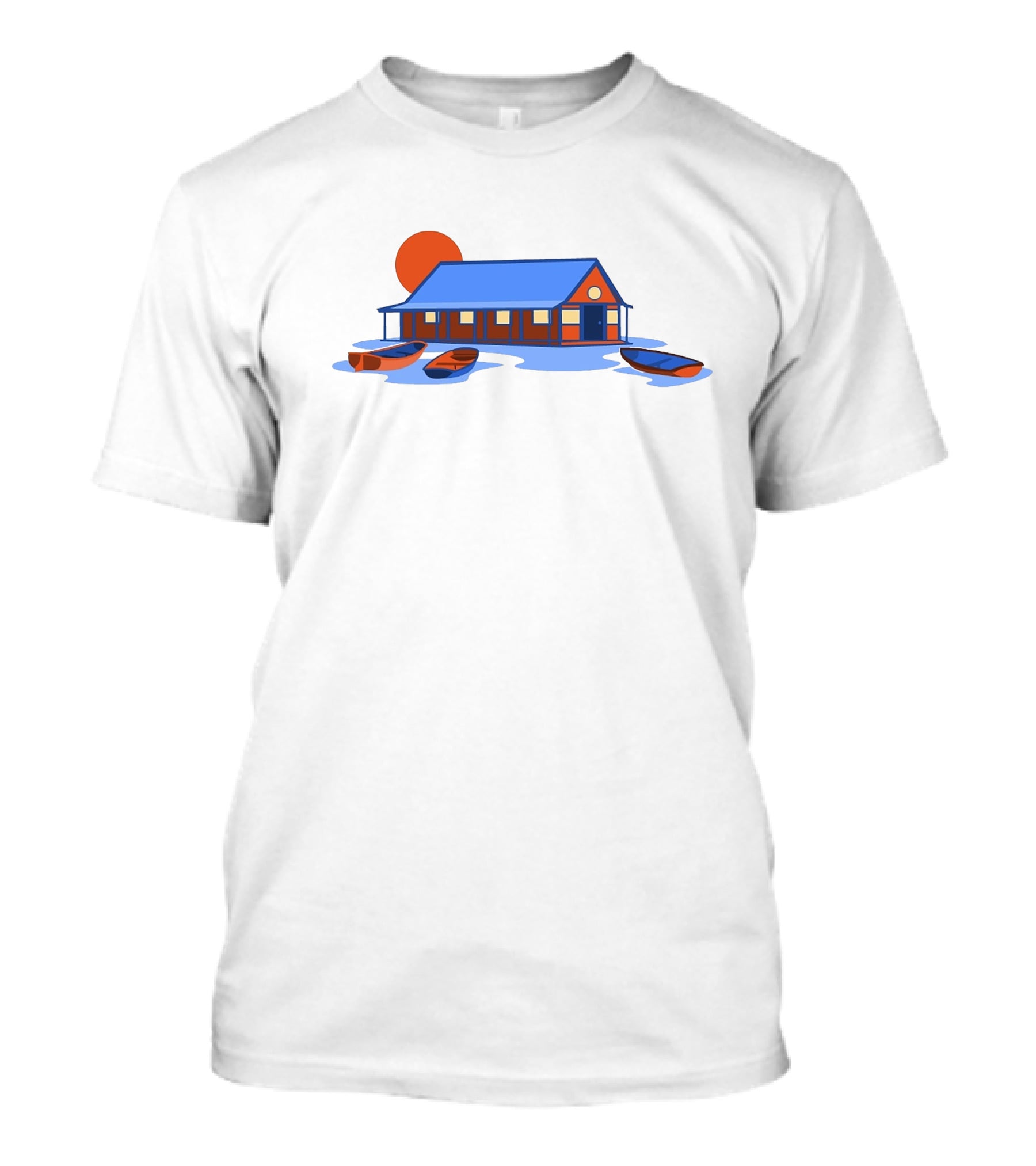 Boathouse Sunrise With Rowboats And Pier Shadow T-Shirt