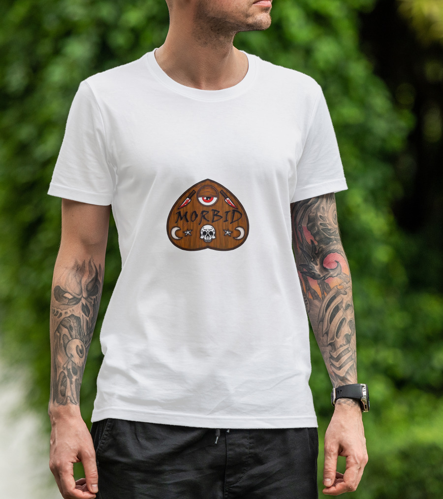 Morbid Podcast Wood Ouija Skull Knives Crescent Moon T-Shirt