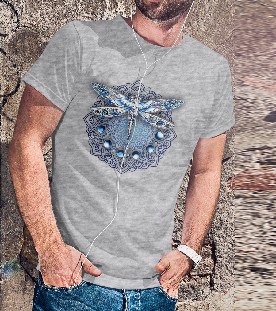 FLY GRADON Intricate Mandala Dragonfly Blue Gem Elements T-Shirt