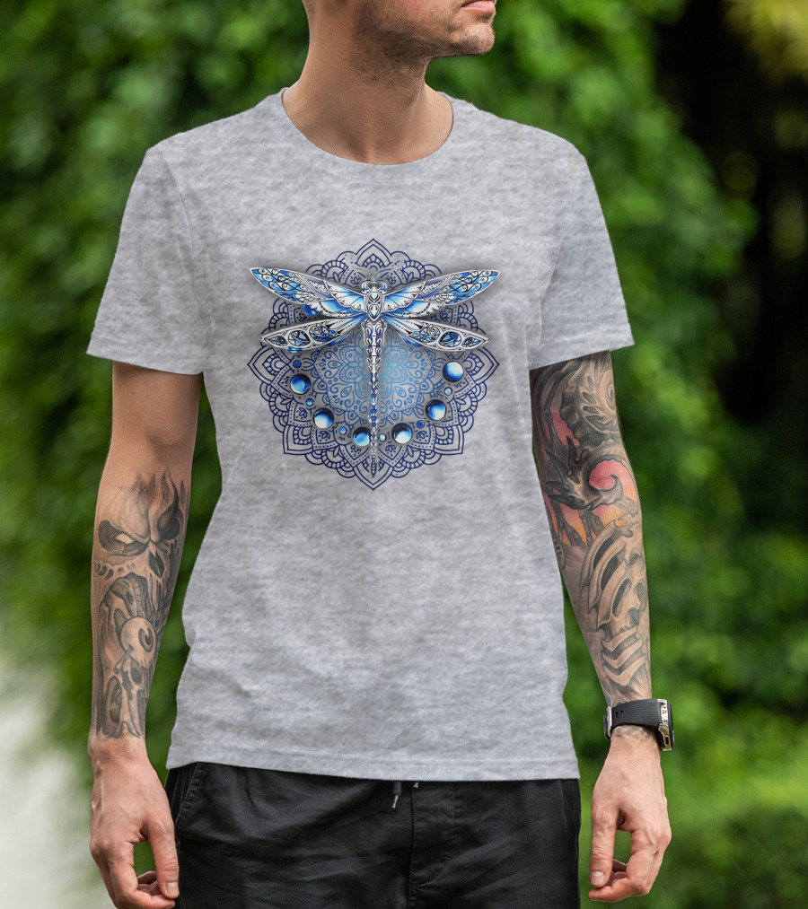 FLY GRADON Intricate Mandala Dragonfly Blue Gem Elements T-Shirt