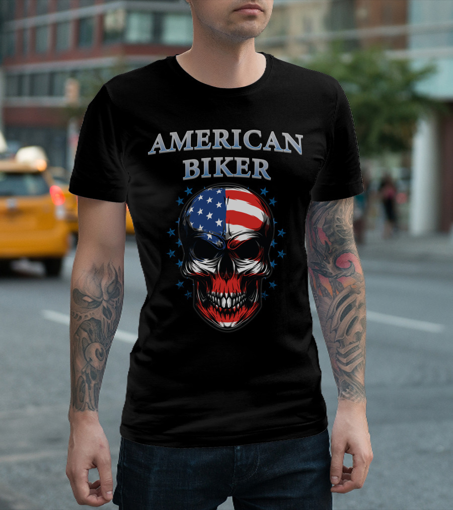 American Biker USA Flag Skull Bike Knight T-Shirt