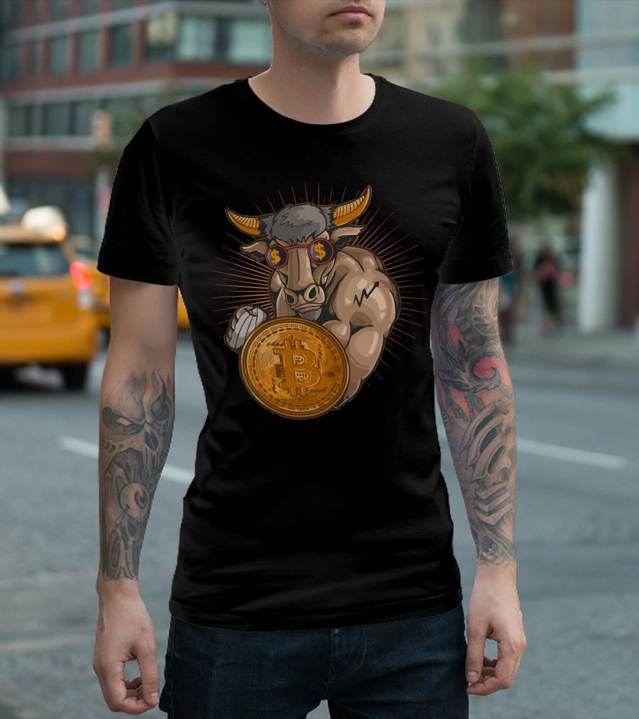 Bull with Bitcoin Shield and Dollar Sign Glasses T-Shirt