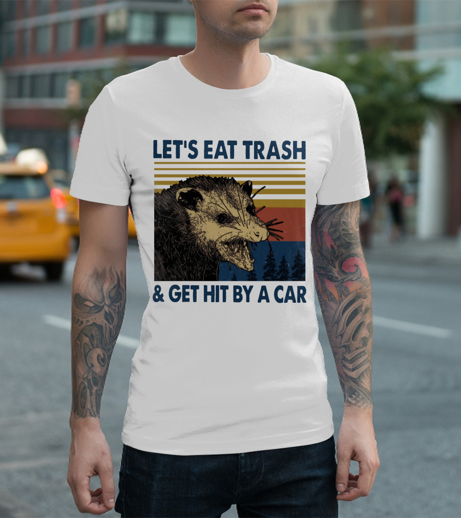 LET'S EAT TRASH and GET HIT BY A CAR Opossum Vintage Retro Stripe Forest T-Shirt