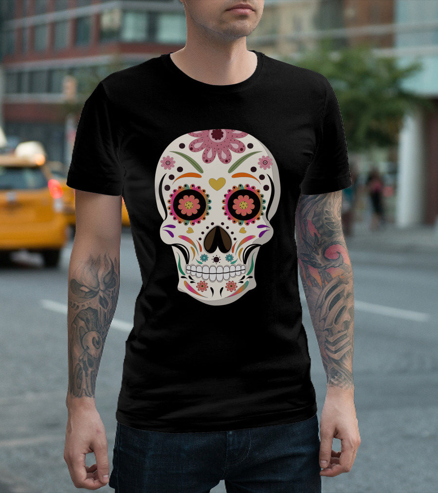 Day of the Dead Bride Sugar Skull with Floral and Heart Motifs T-Shirt