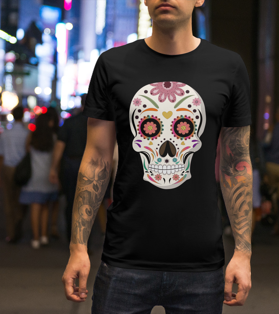 Day Of The Dead Bride Sugar Skull With Floral And Heart Motifs T-Shirt