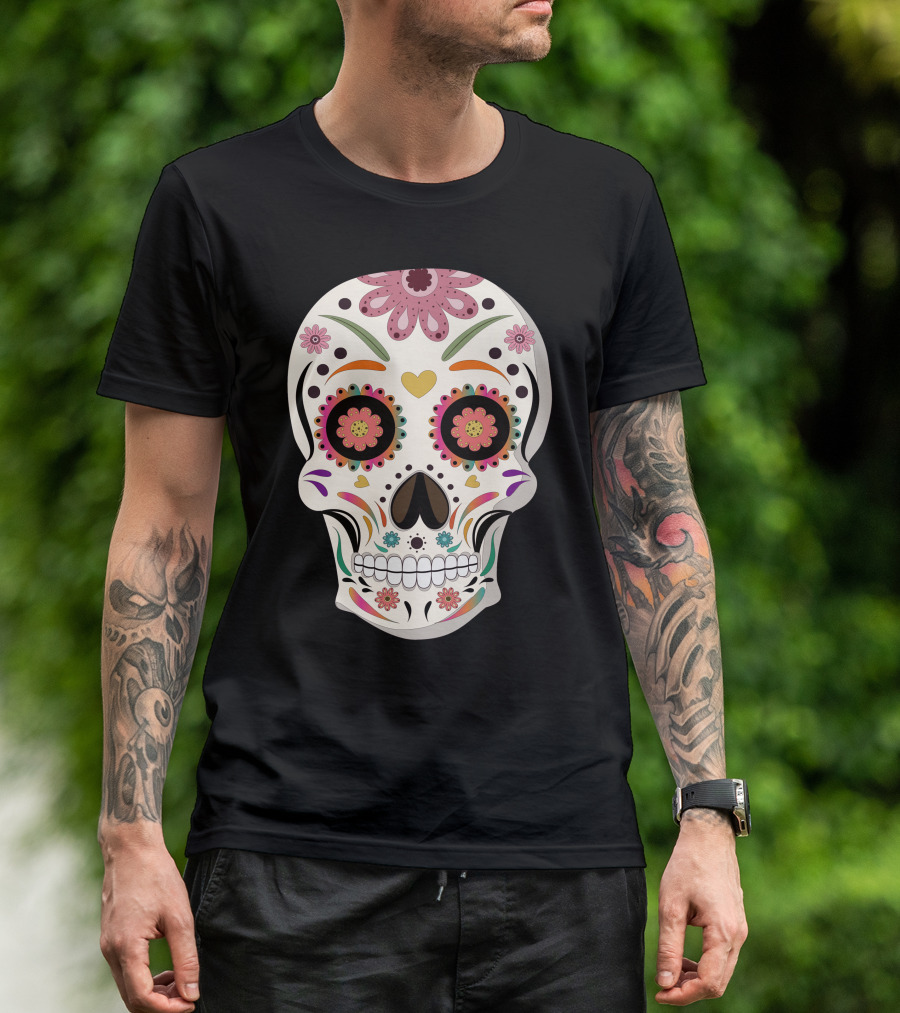 Day Of The Dead Bride Sugar Skull With Floral And Heart Motifs T-Shirt