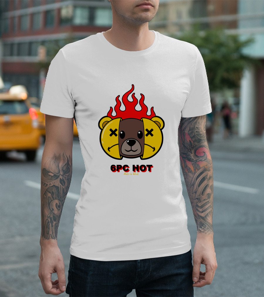 6pc Hot Make On Black Flame Bear T-Shirt