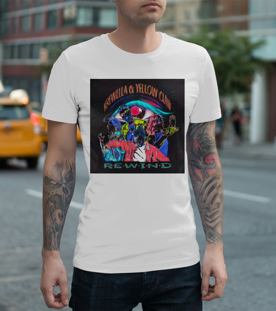 Krewella and Yellow Claw Rewind Merchandise Featuring Neon Characters and Eye T-Shirt