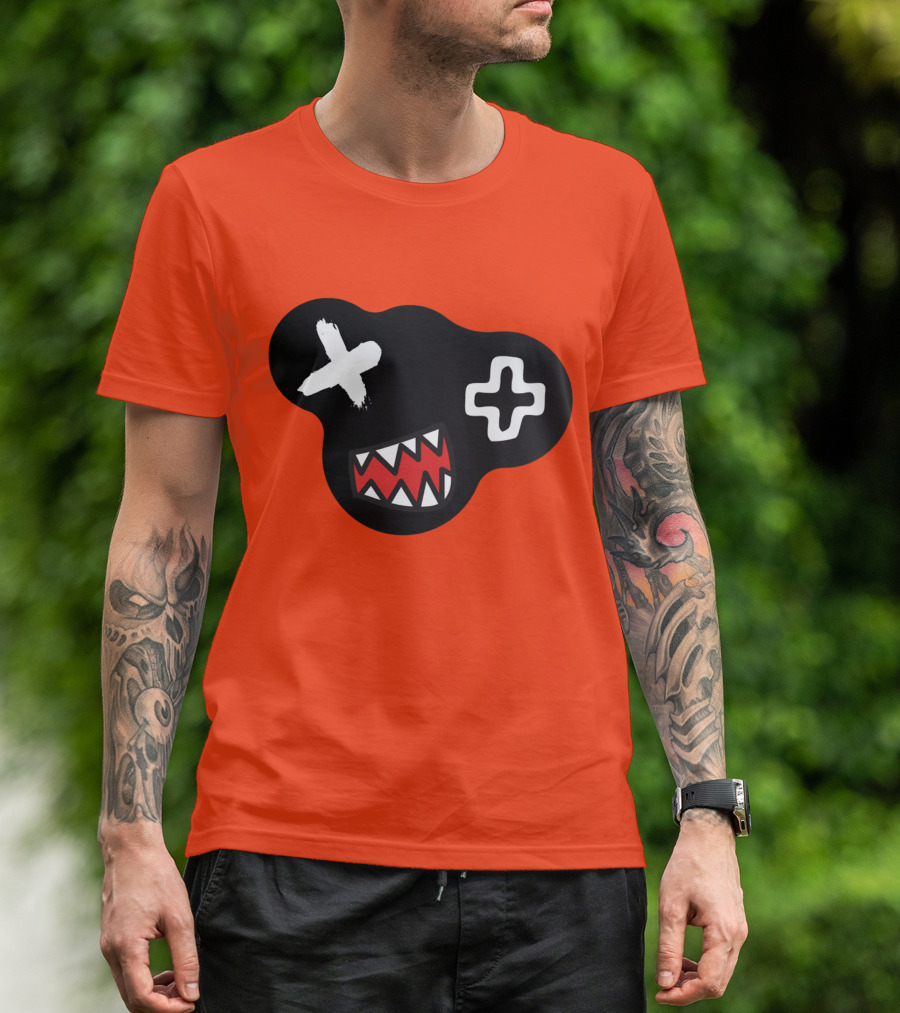 Monstrosity X Plus Mark Teeth Icon On Black Blob Shape T-Shirt
