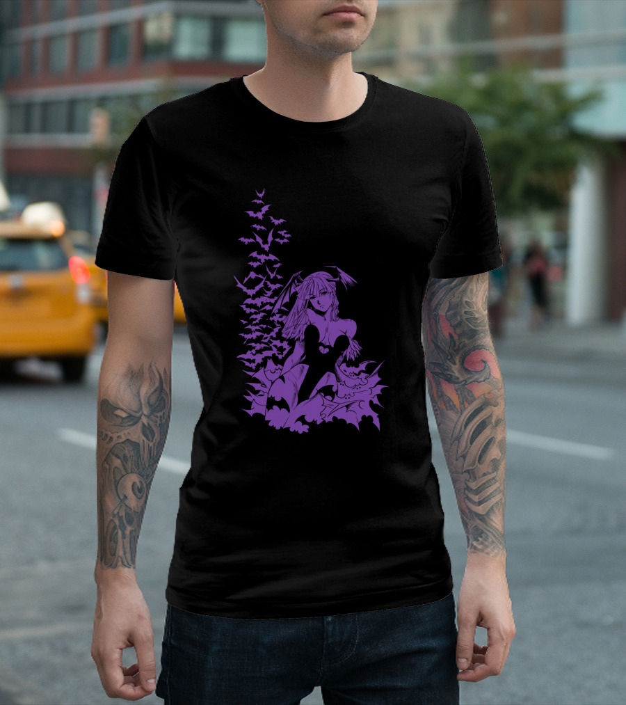 Udon Pins Darkstalkers Morrigan with Purple Bats Swarm T-Shirt