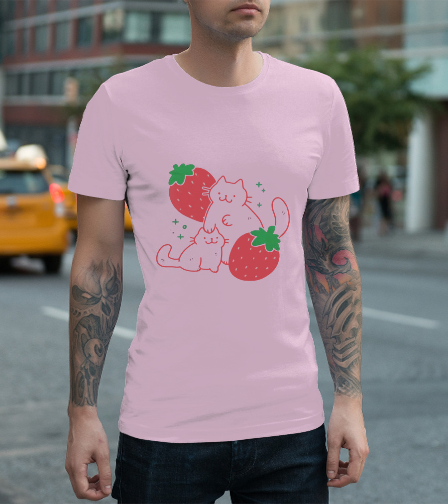 Crowlines Shop Strawberry Cat And Kitten With Stars And Strawberries T-Shirt