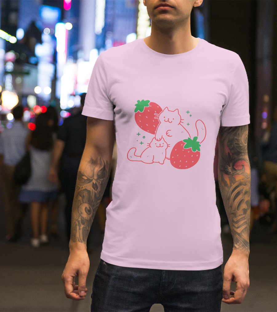Crowlines Shop Strawberry Cat And Kitten With Stars And Strawberries T-Shirt