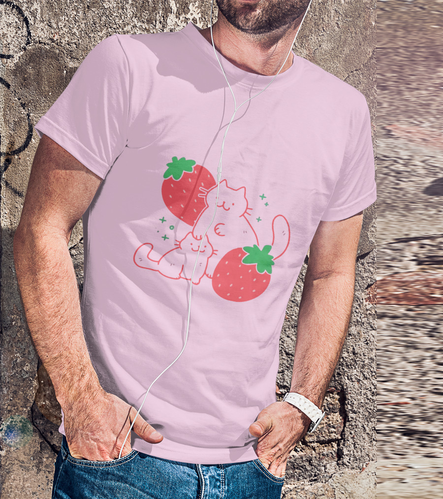 Crowlines Shop Strawberry Cat And Kitten With Stars And Strawberries T-Shirt