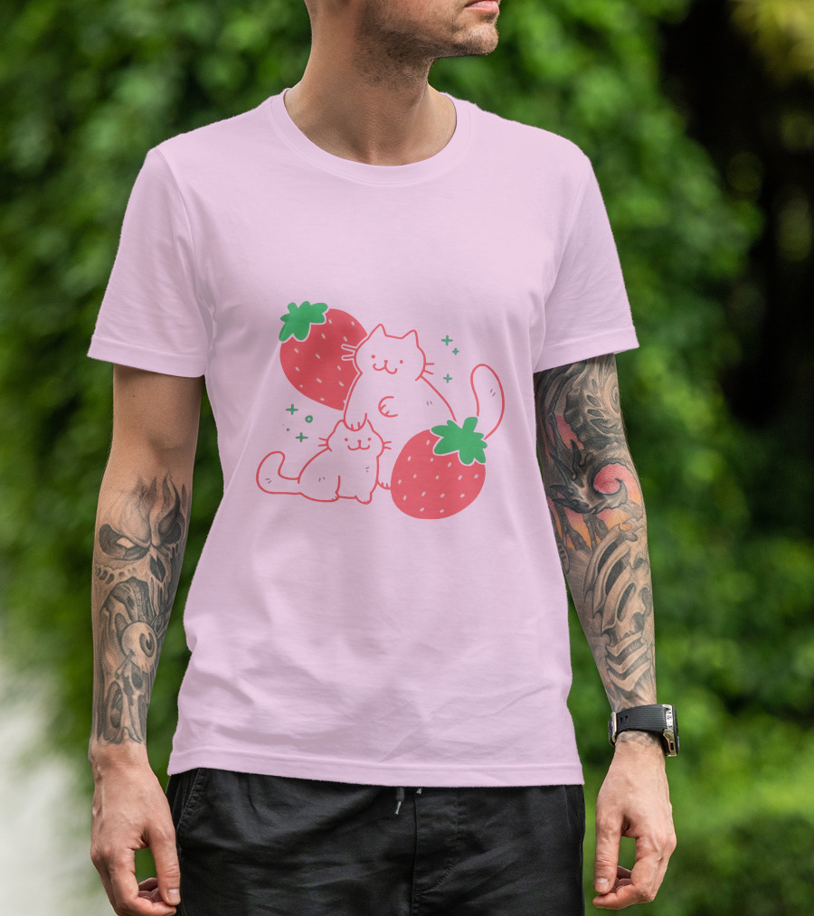 Crowlines Shop Strawberry Cat And Kitten With Stars And Strawberries T-Shirt