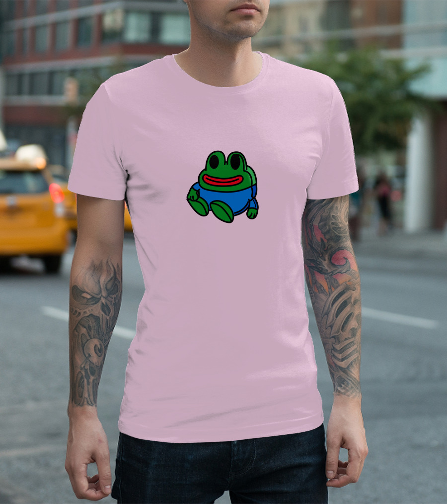 Mizkif Sat REALMizkif Pepe Frog Sitting Cartoon Pink Background T-Shirt