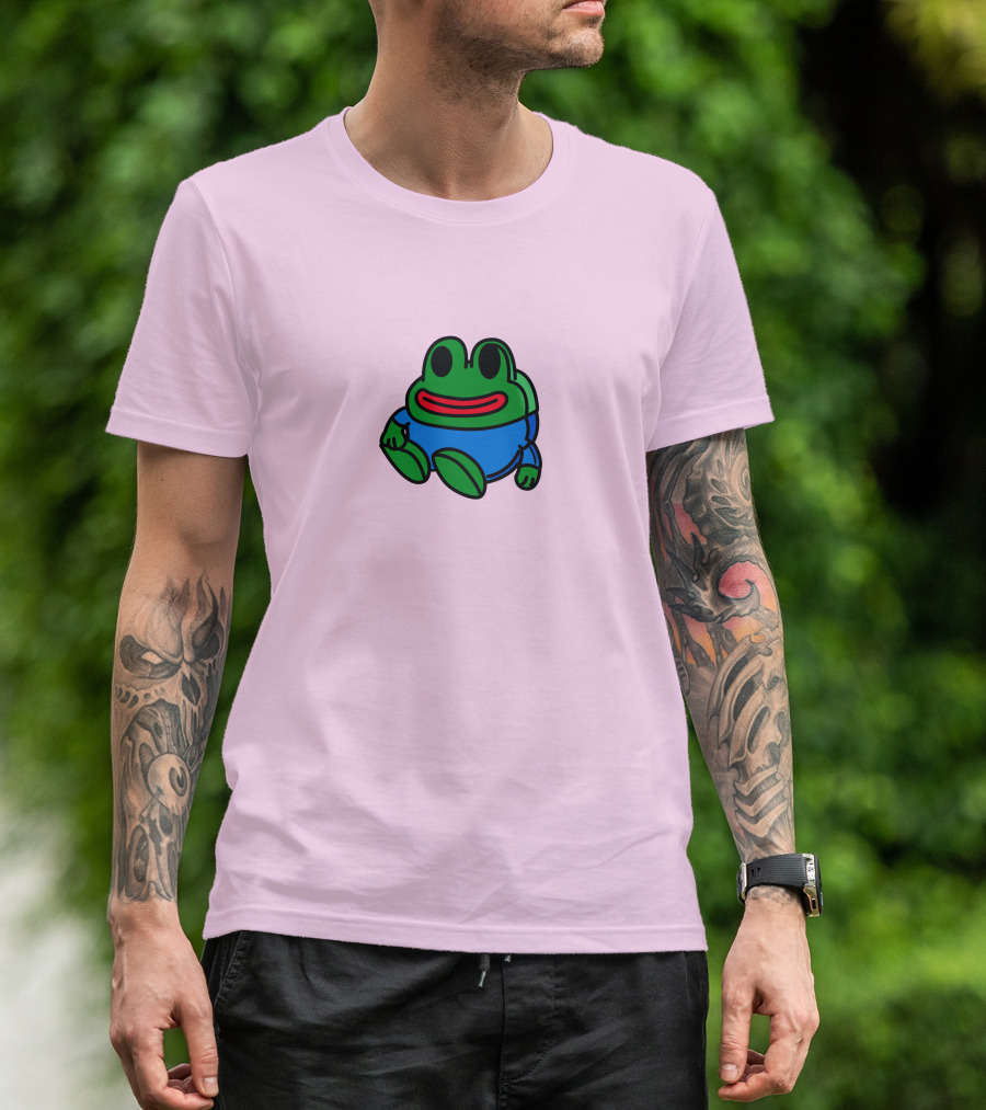 Mizkif Sat REALMizkif Pepe Frog Sitting Cartoon Pink Background T-Shirt