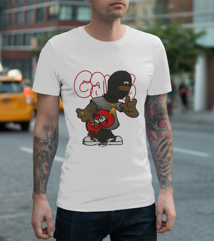 Ski Mask Heart GloGangWorldWide Cartoon Character with Chain and Tattoo T-Shirt