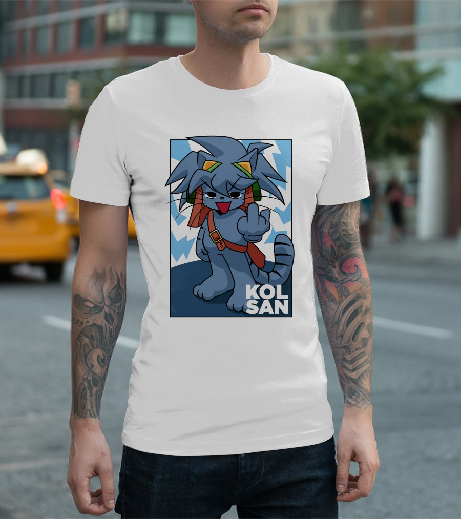 Kolsan Attitude Blue Cat Character with Lightning Bolt Background T-Shirt