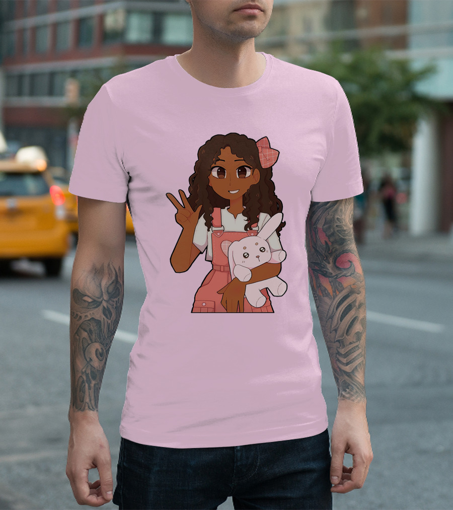 Akeila Merch Anime Style Character With Pink Overalls And Stuffed Bunny T-Shirt