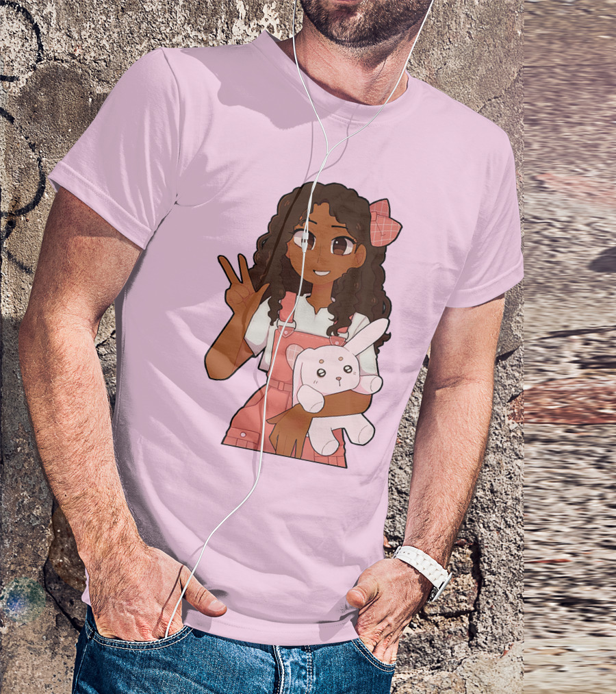 Akeila Merch Anime Style Character With Pink Overalls And Stuffed Bunny T-Shirt