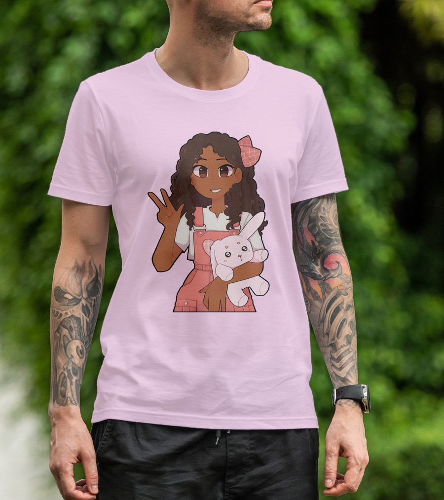 Akeila Merch Anime Style Character With Pink Overalls And Stuffed Bunny T-Shirt