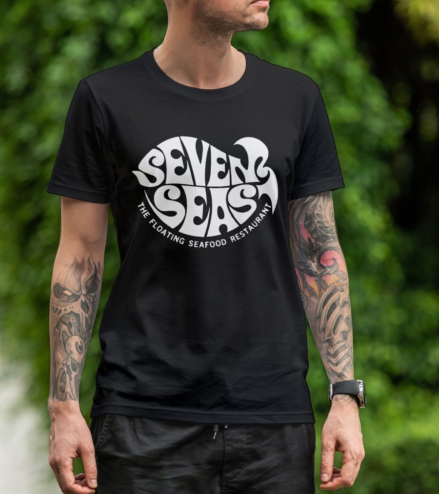 Seven Seas The Floating Seafood Restaurant Retro Psychedelic Typography T-Shirt