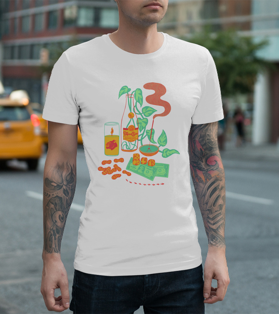 Quarenscene Natural Simone Thornton Topo Chico Peanuts Candle Dice Leaves Money Ants T-Shirt