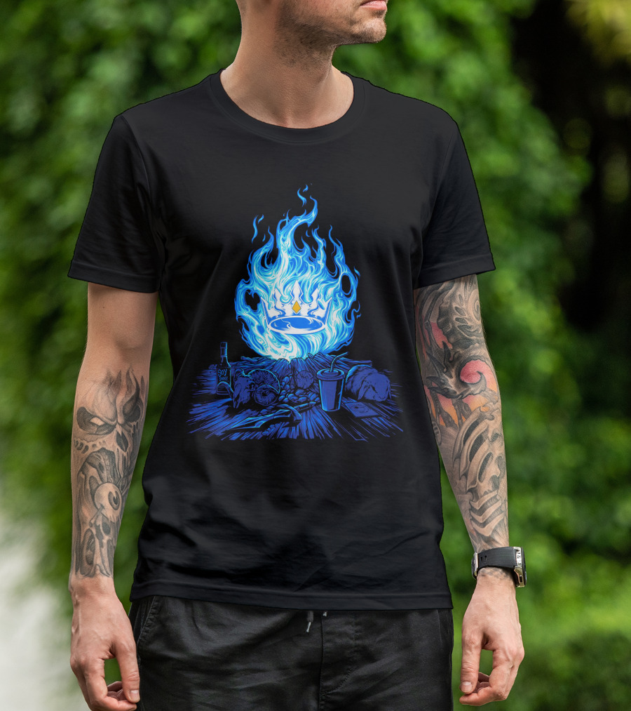 Otk Merch Blue Flame Crown With Tabletop Food And Drinks T-Shirt