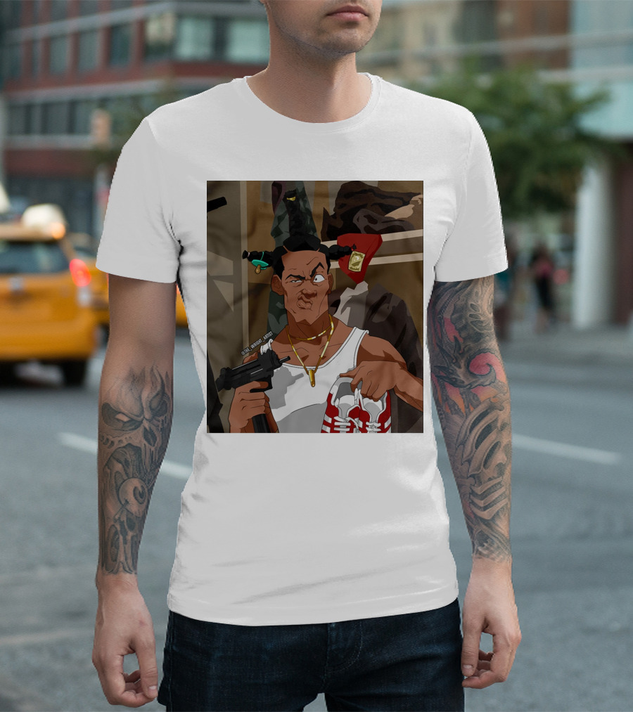 Loc Dog Mens Society Parody Character Holding Sneakers and Gun T-Shirt