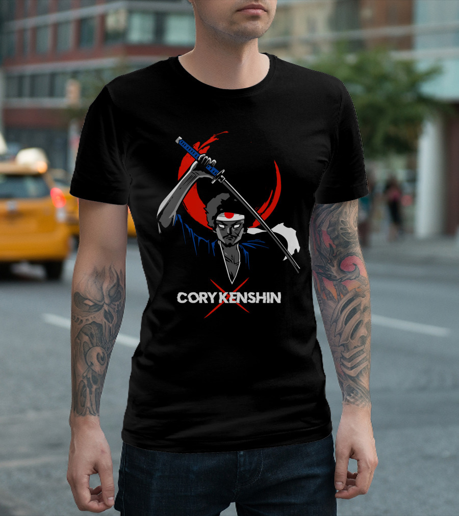 CoryxKenshin Samurai With Sword In Blue Kimono And Red Crescent Background T-Shirt