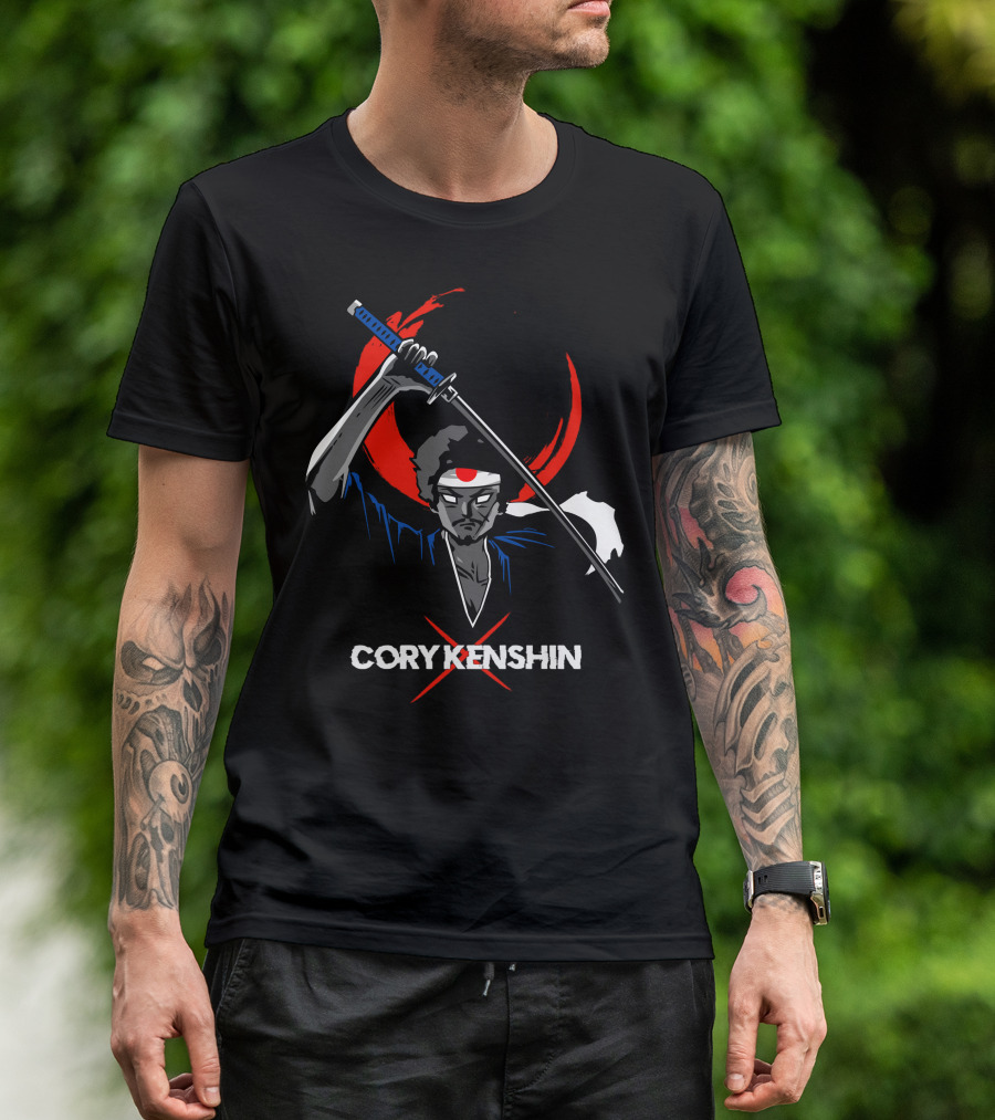 CoryxKenshin Samurai With Sword In Blue Kimono And Red Crescent Background T-Shirt