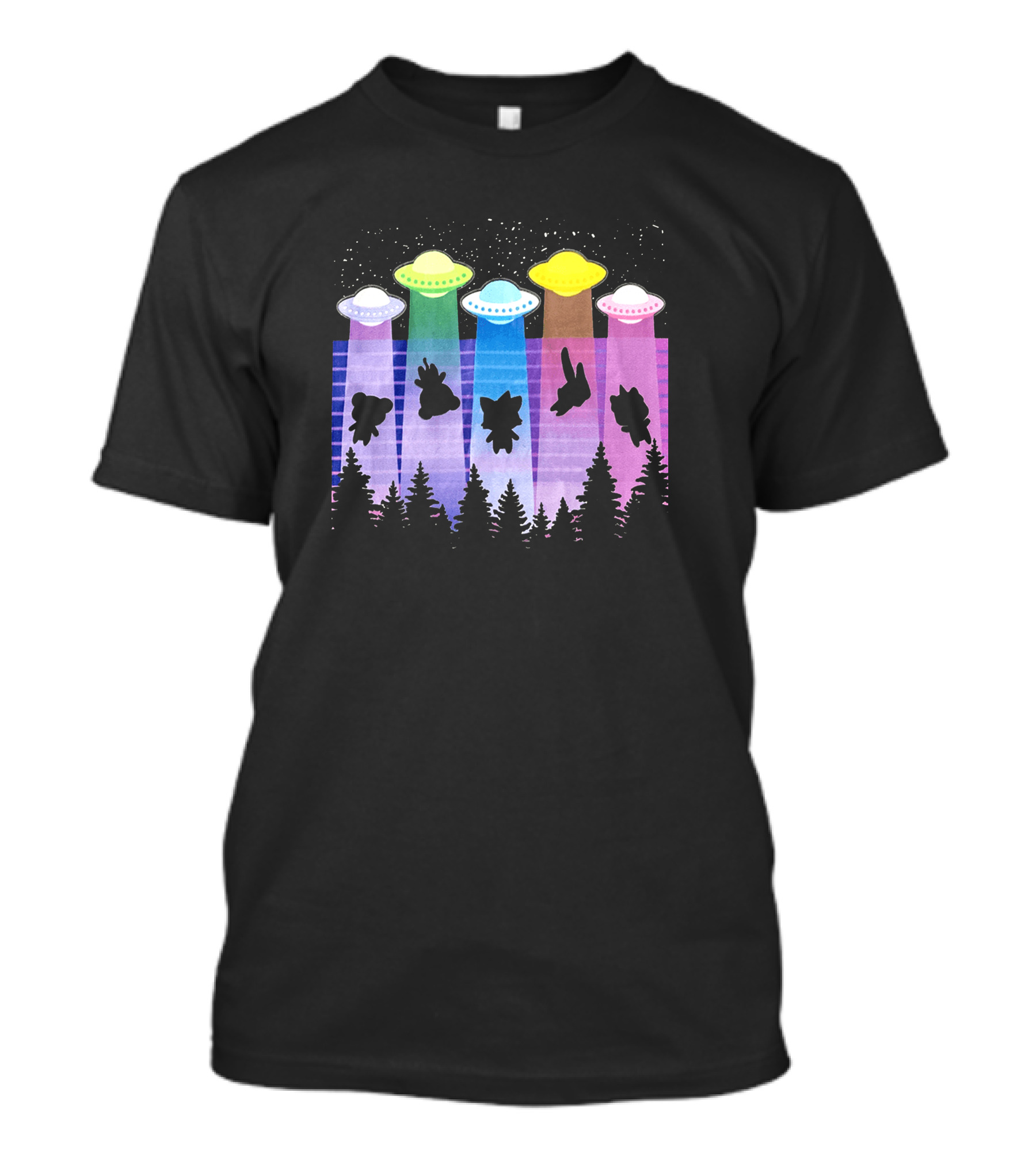 Krewdistrict Flying Saucers Alien Abduction Cartoon Silhouettes Forest Scene T-Shirt