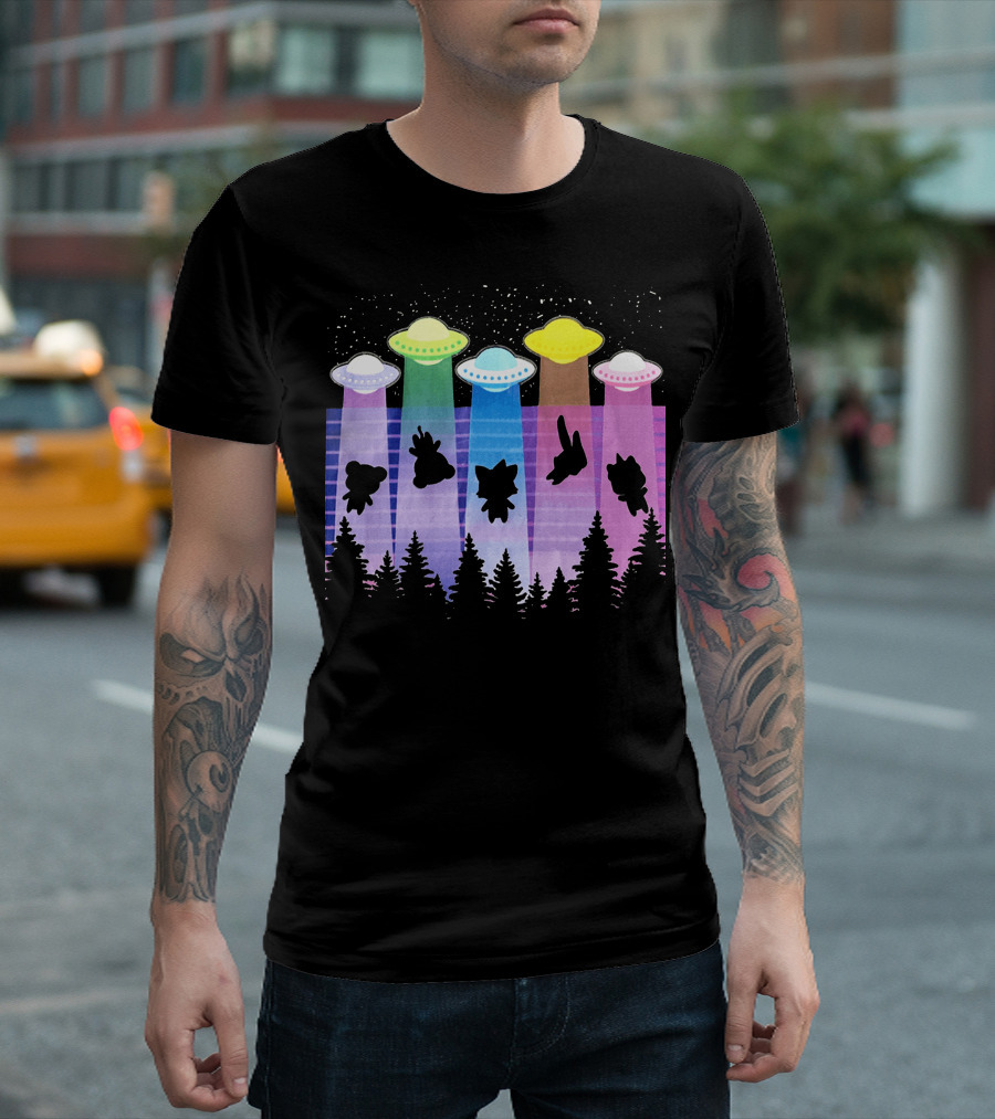 krewdistrict Flying Saucers Alien Abduction Cartoon Silhouettes Forest Scene T-Shirt