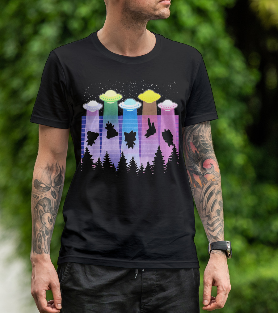 Krewdistrict Flying Saucers Alien Abduction Cartoon Silhouettes Forest Scene T-Shirt
