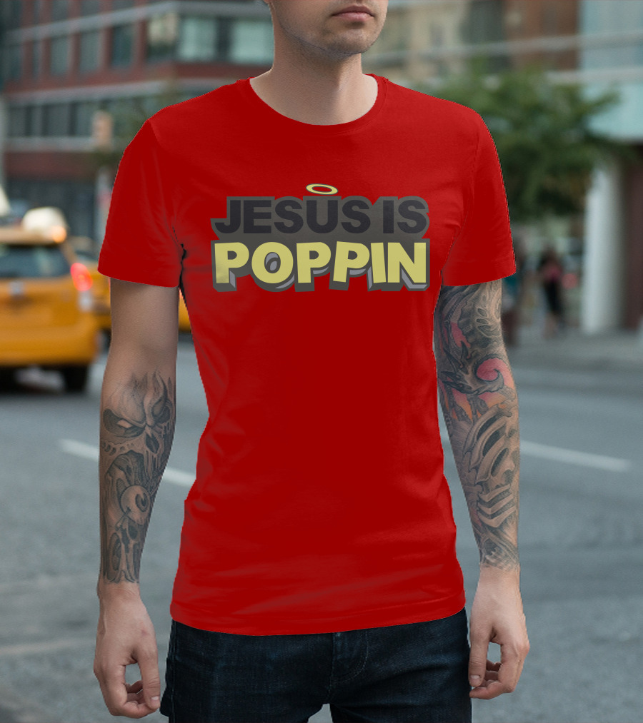 JESUS IS POPPIN Angel Halo Icon on Red T-Shirt