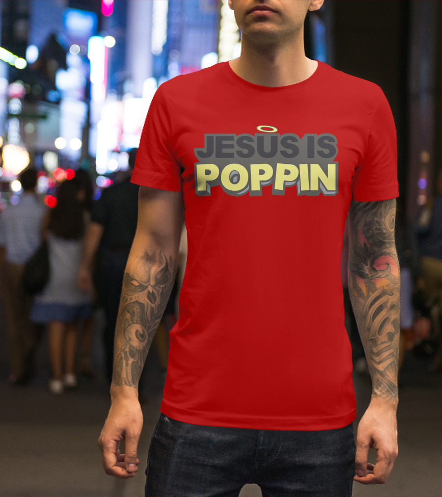 JESUS IS POPPIN Angel Halo Icon On Red T-Shirt