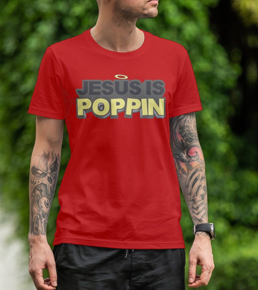 JESUS IS POPPIN Angel Halo Icon On Red T-Shirt