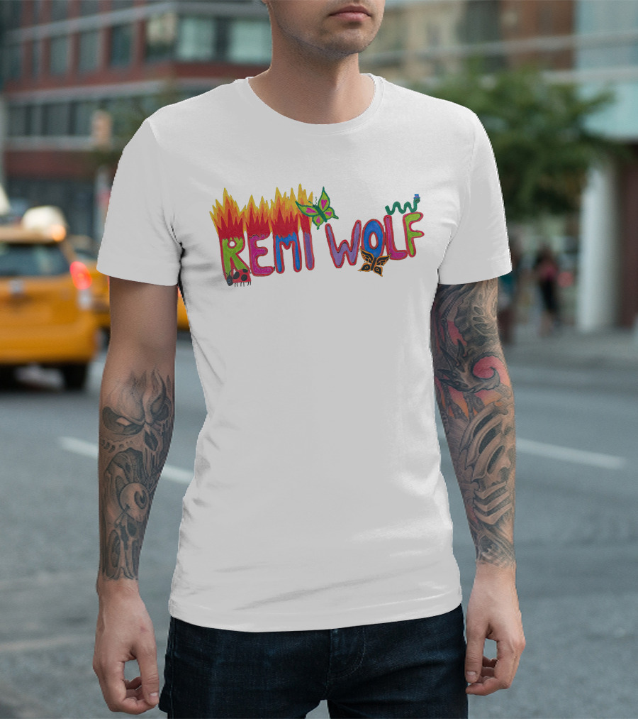 Remi Wolf Colorful Flame and Butterfly Text T-Shirt