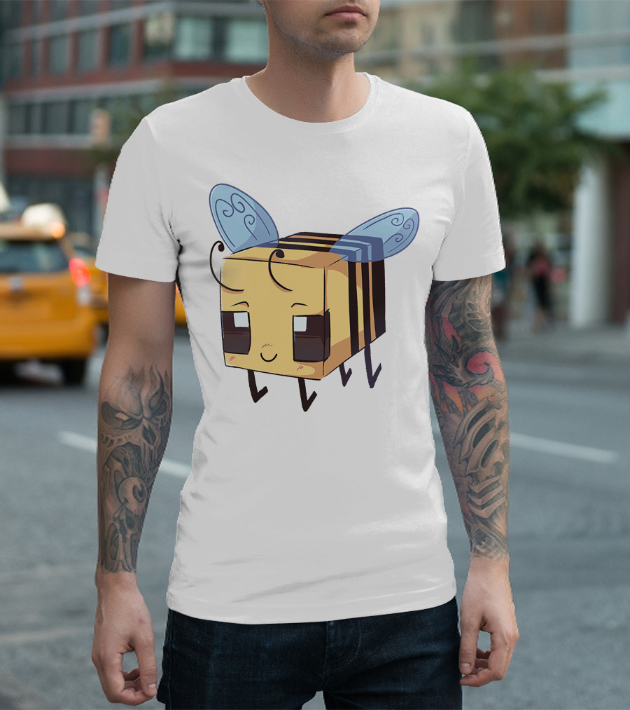 Punz Merch Cute Blocky Bee Character with Whimsical Blue Wings T-Shirt