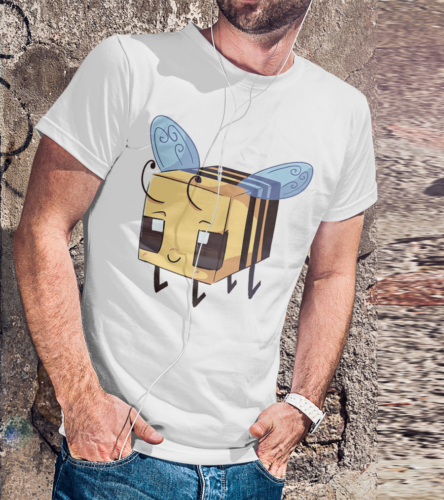 Punz Merch Cute Blocky Bee Character With Whimsical Blue Wings T-Shirt