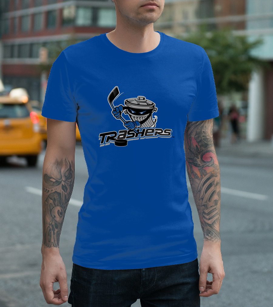 Danbury Trashers Blue Logo Hockey Trash Can Mascot T-Shirt