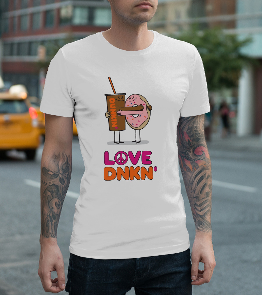 LOVE PEACE DUNKIN' HUGGING CARTOON DONUT AND COFFEE T-Shirt