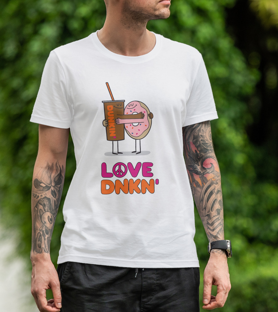LOVE PEACE DUNKIN' HUGGING CARTOON DONUT AND COFFEE T-Shirt
