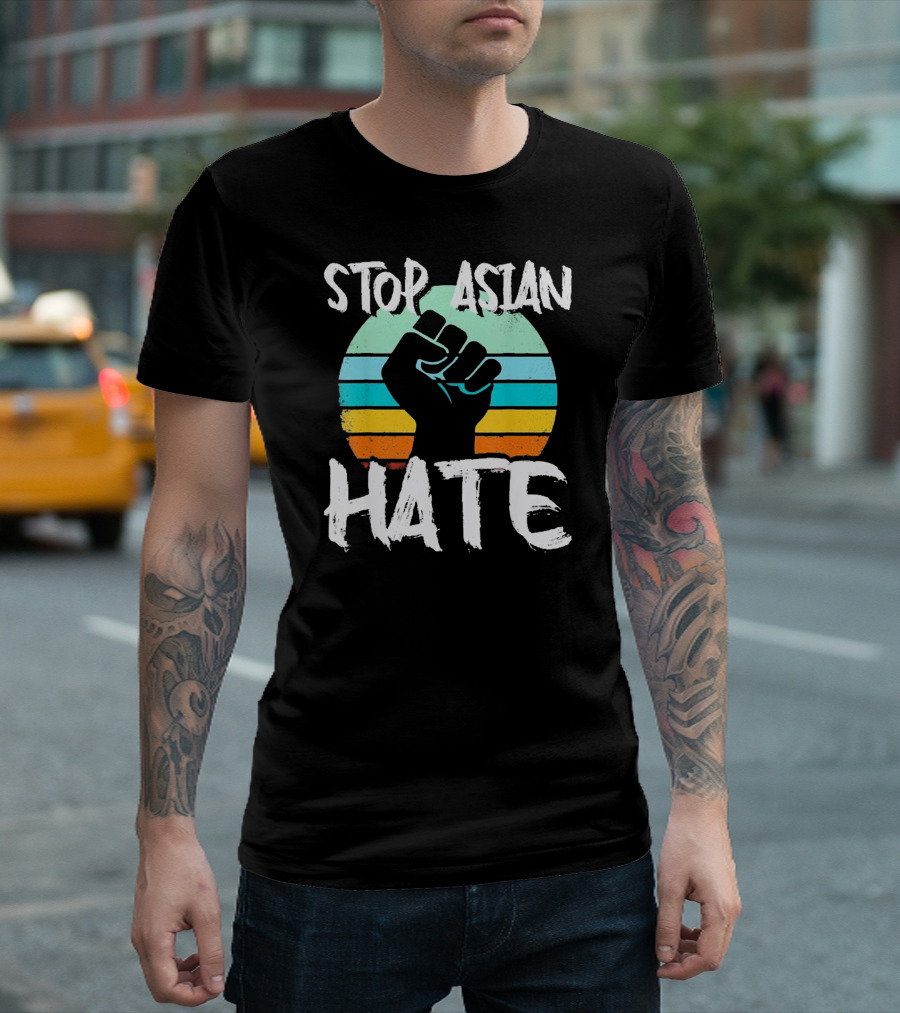 STOP ASIAN HATE Fist With Retro Stripes T-Shirt