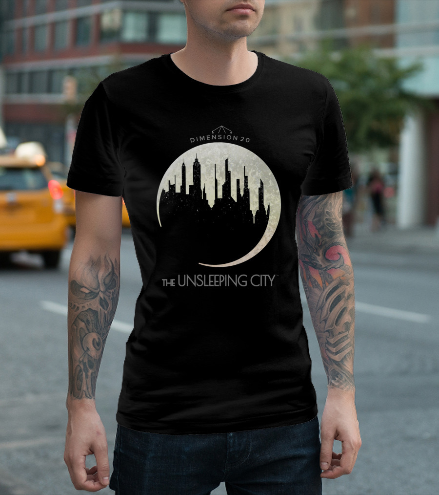 Dimension 20 The Unsleeping City Moon Skyline T-Shirt