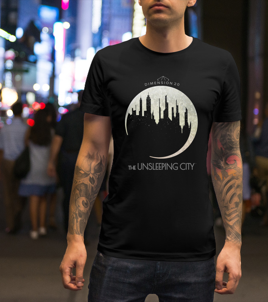 Dimension 20 The Unsleeping City Moon Skyline T-Shirt