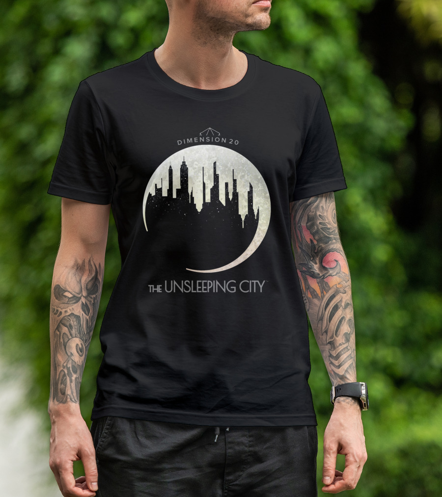 Dimension 20 The Unsleeping City Moon Skyline T-Shirt